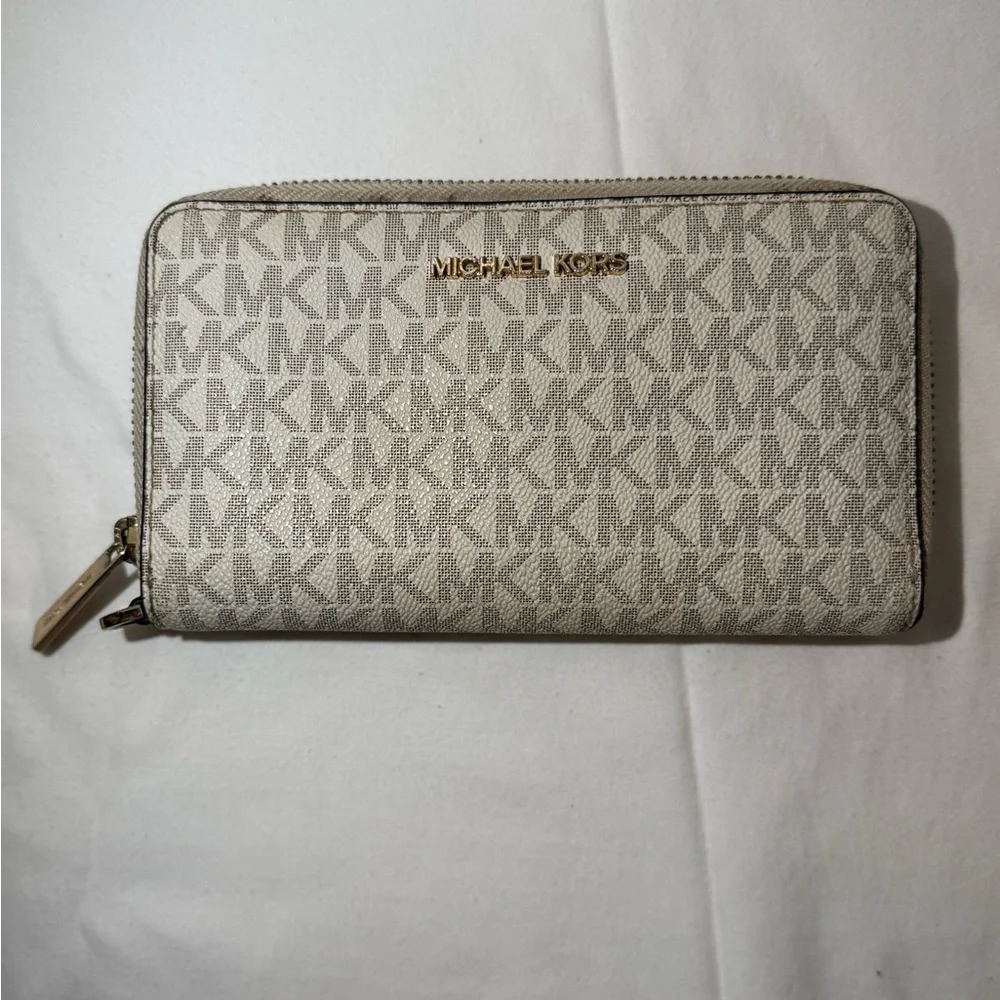 Michael Kors Beige Logo Zip-Around Wallet with Gold Hardware